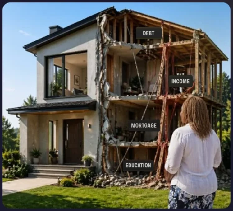 Illustration of a two-story house whose Income, Debt, Insurance, and Savings floors are collapsing while a woman looks on