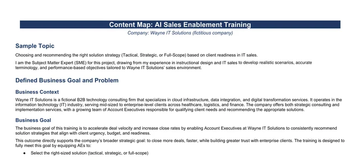 First page of the content map for AI sales enablement training, showing the sample topic and the defined business goal