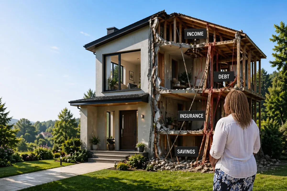 A woman stands on the lawn looking at a two-story house whose right side has collapsed. Labels on the house read Income, Debt, Insurance, and Savings.