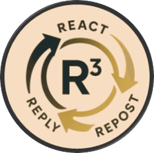 R³ Signal System badge: React, Reply, Repost around a circular arrow