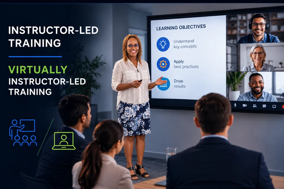 Antoinette Woodson presenting a Learning Objectives slide to a room of attendees, with remote participants on a video call beside the screen