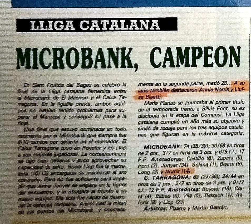 Magazine clipping headlined Microbank, Campeon, about the Liga Catalana final, with Annie Norris highlighted among the standouts