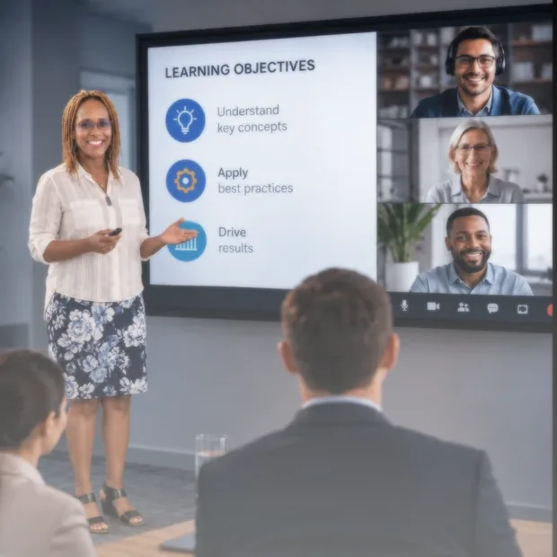 A facilitator presenting learning objectives to a team in a training room, with remote participants on screen