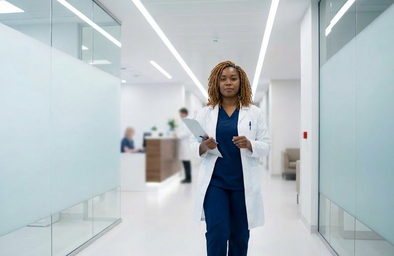 A nurse in a white coat and navy scrubs carries a clipboard toward the viewer down a bright hospital hallway