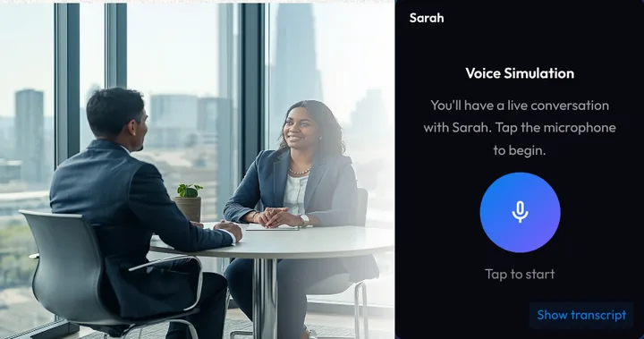 Opening screen of a voice simulation: a learner sits across from an accounting manager, and a panel invites the learner to tap the microphone and speak with Sarah